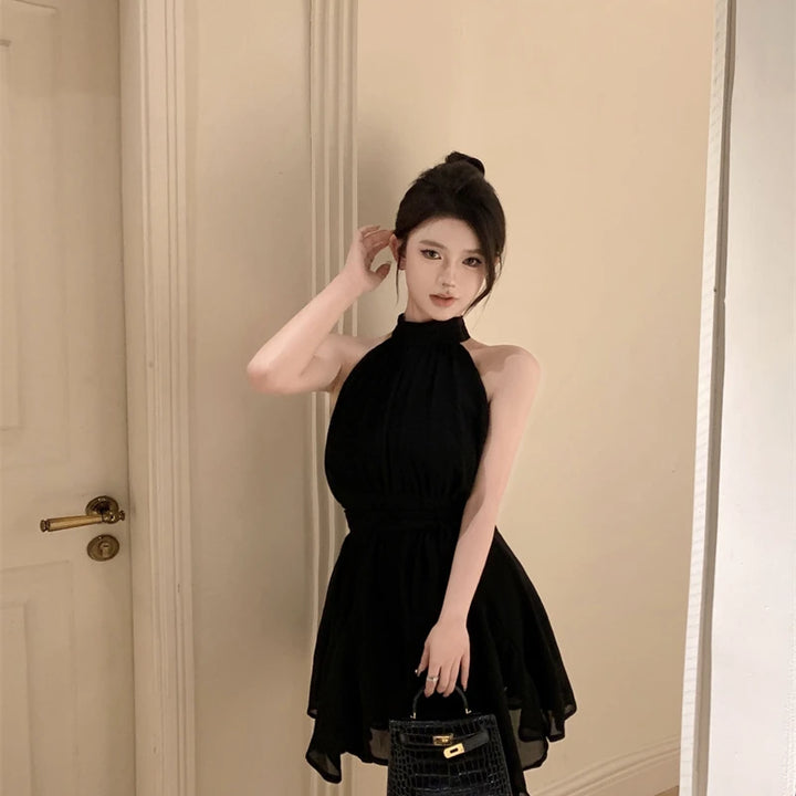 Vestido feminino de chiffon sem mangas e cintura alta, gola alta, manga sino, saia midi, formato X, primavera/outono, manga comprida