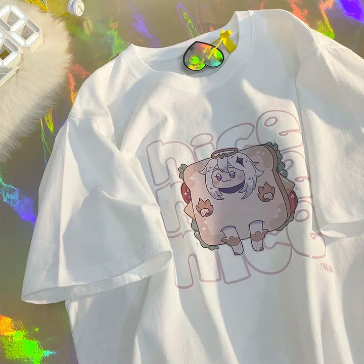 Camiseta feminina estampa de frutas Harajuku camiseta solta manga curta fofa kawaii camiseta grande roupas Y2k top anime camiseta gráfica